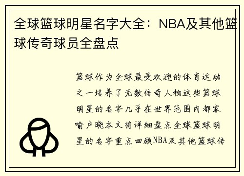 全球篮球明星名字大全：NBA及其他篮球传奇球员全盘点